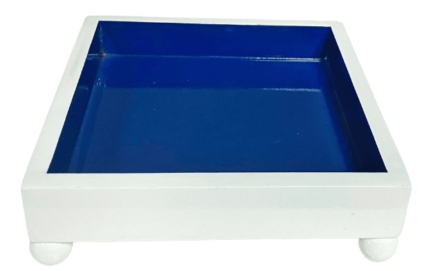 Bandejinha Madeira Azul Branco 17x17cm